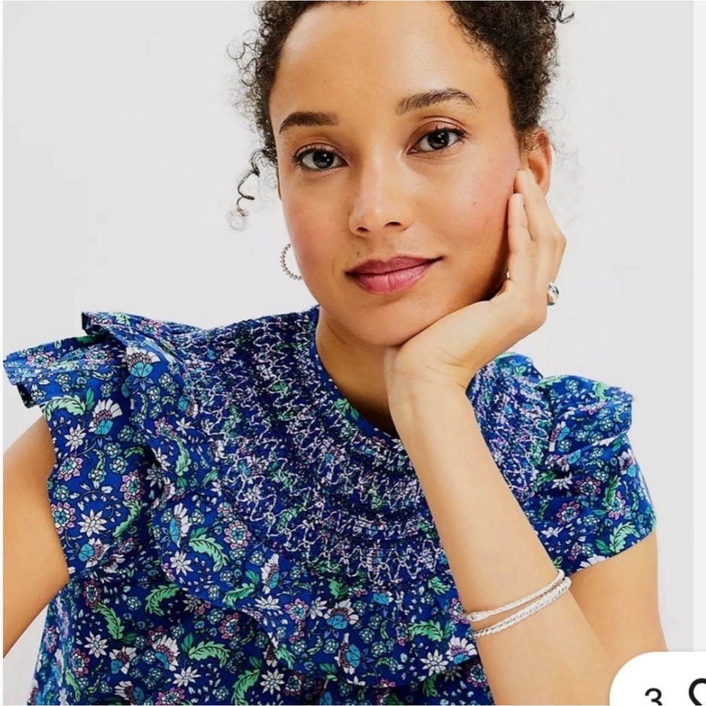 Loft Blue Floral Smocked Shirred Blouse - Picture 2 of 9